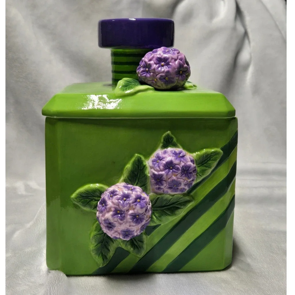 Vintage Green Ceramic Hydrangea Floral Square Canister Decorative Storage‎ Jar